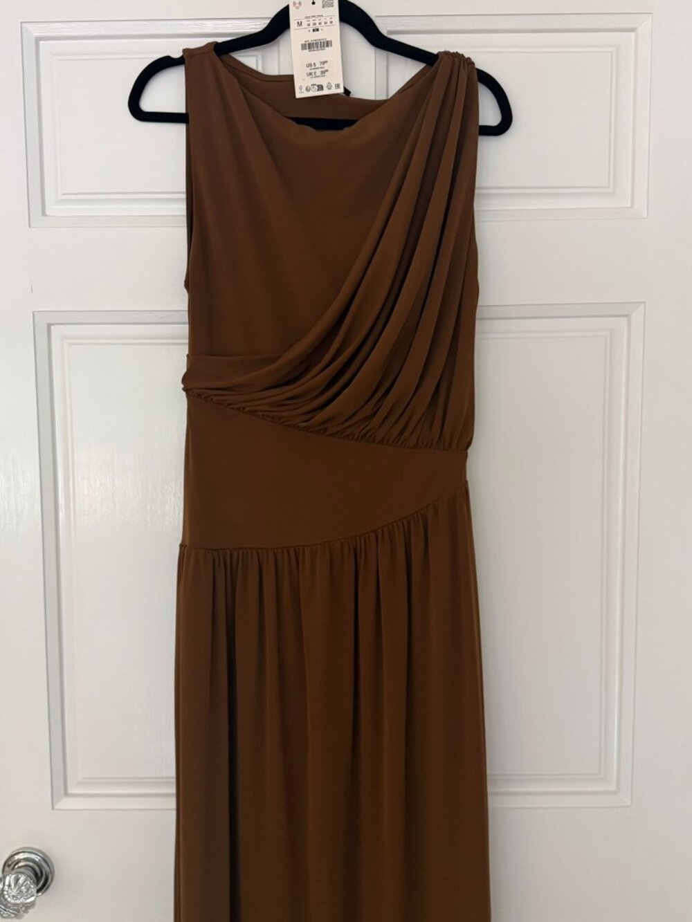 Zara draped midi dress in a warm cognac brown — new with tags, never worn.